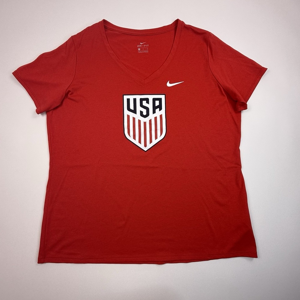 USA Soccer Shirt Womens XL Nike Dri-Fit World Cup USWNT USMNT Red V Neck Tshirt